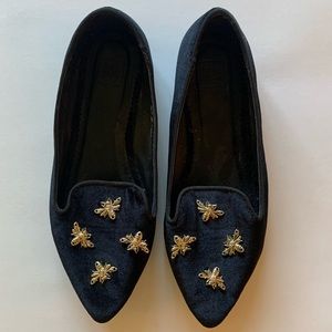 Black velvet smoking slipper flats / gold bees!